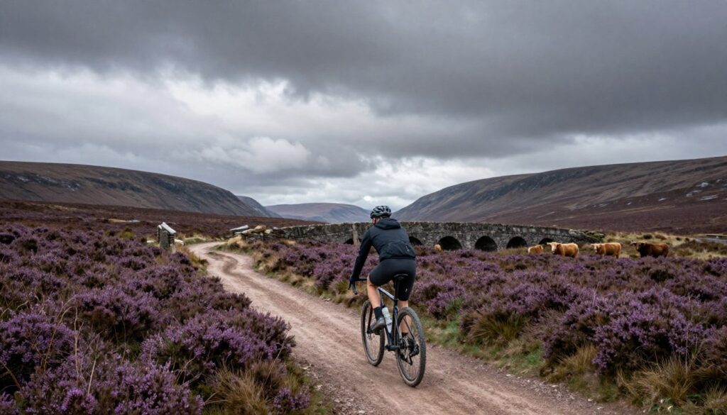 Gravelbike op eenzame gravelweg door Schotse Hooglanden met heuvels en meren