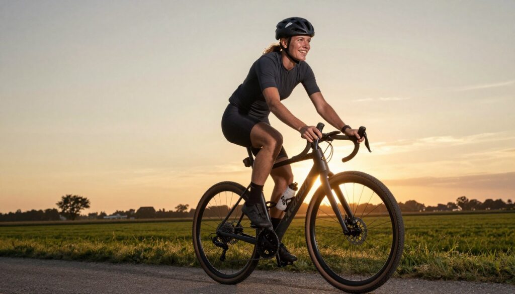 gelukkige fietser met gravelbike bij zonsondergang