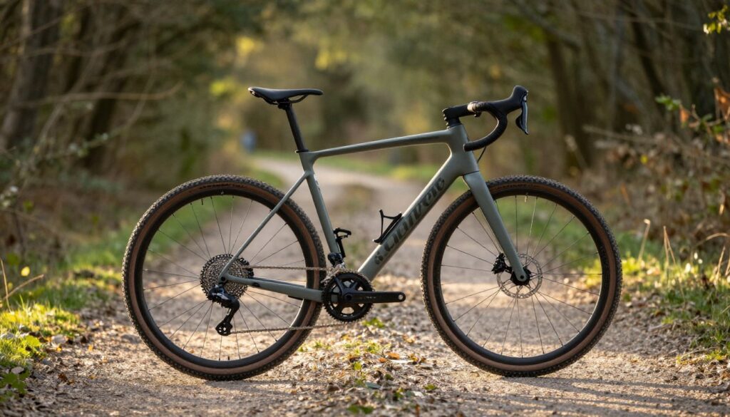 gravelbike op onverharde weg door bos