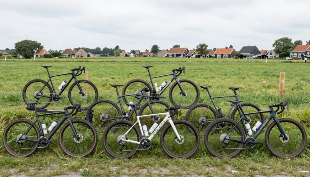 verschillende types gravelbikes in natuurlijke omgeving